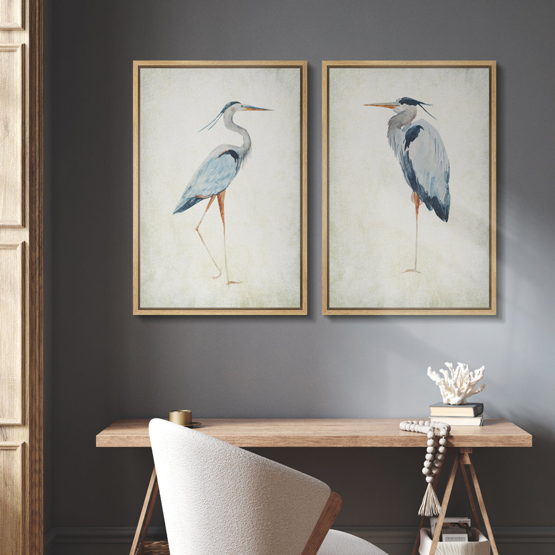 Blue Heron Bird Portrait Coastal Beach Decor - Framed Canvas Master Bedroom Wall Art Set 2 Print